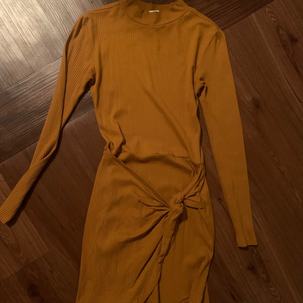 L space mockneck mustard yellow Bodycon ribbed mini dress with wrap skirt Small